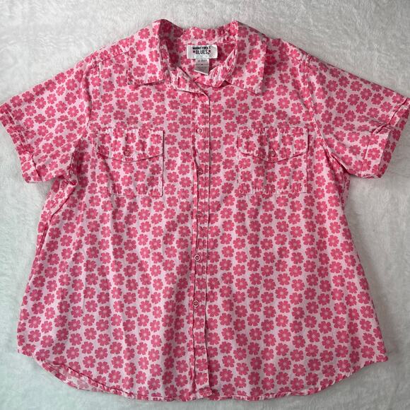 Vintage Mainstreet Blues Pink Floral Short Sleeve Button-Up Shirt 100% Cotton - Picture 3 of 6